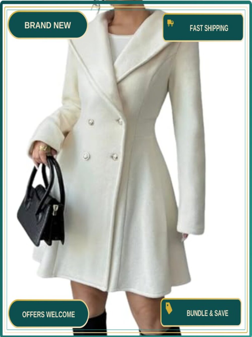Double Breasted Hooded Wool Coat A-Line Trench Peacoat Women Winter